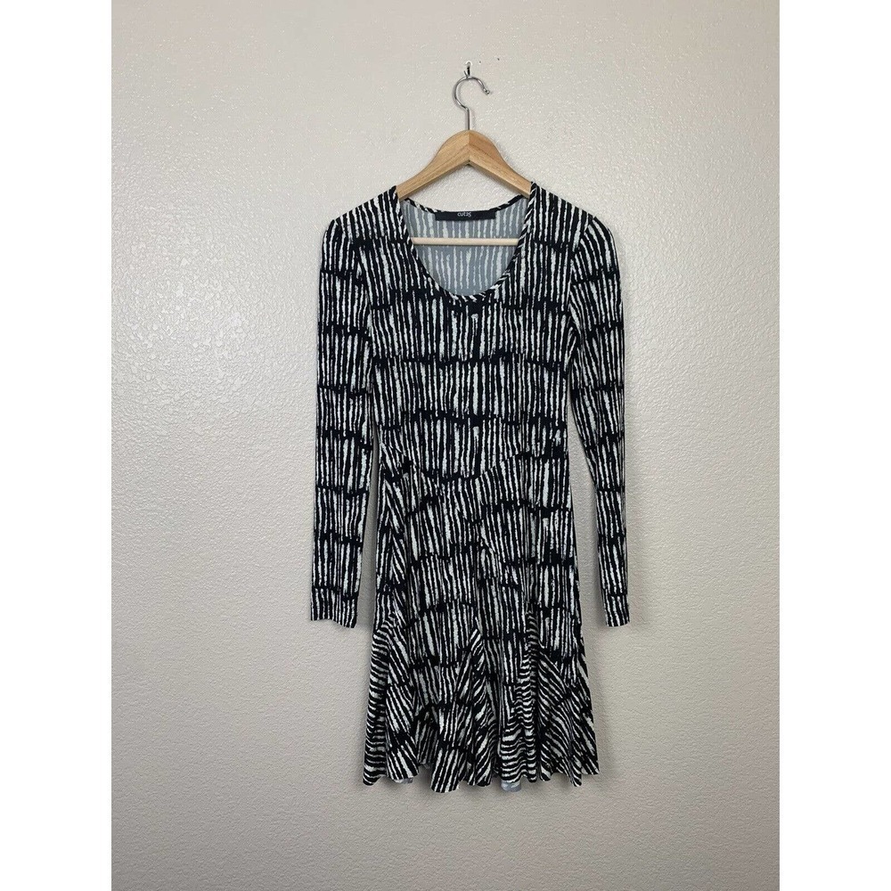 Cut25 XS Black White Abstract Zebra Fit and Flare Dress Long Sleeves Stretchy